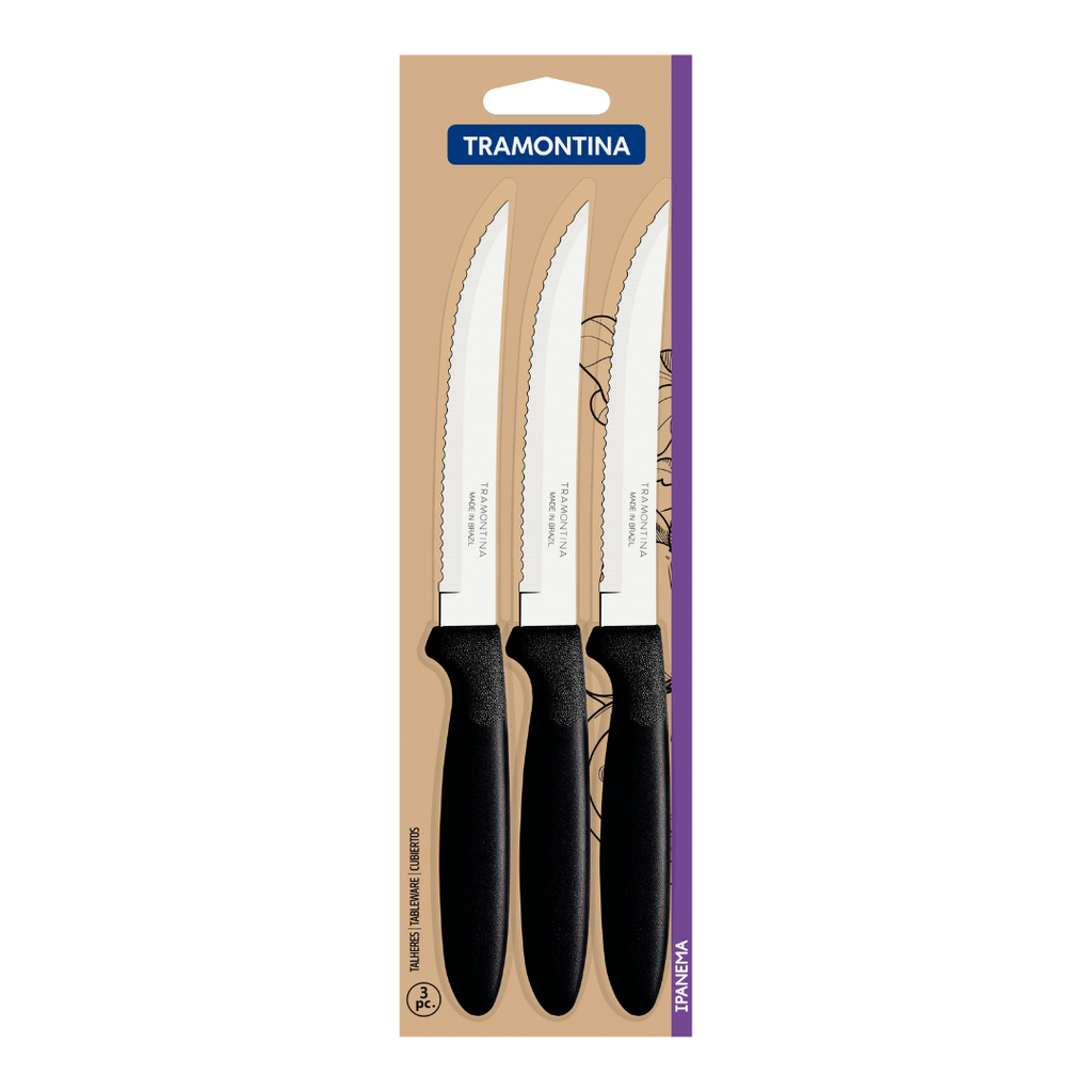 CUCHILLOS P/ASADO TRAMONTINA 23360/305 IPANEMA 3PZS NEGRO